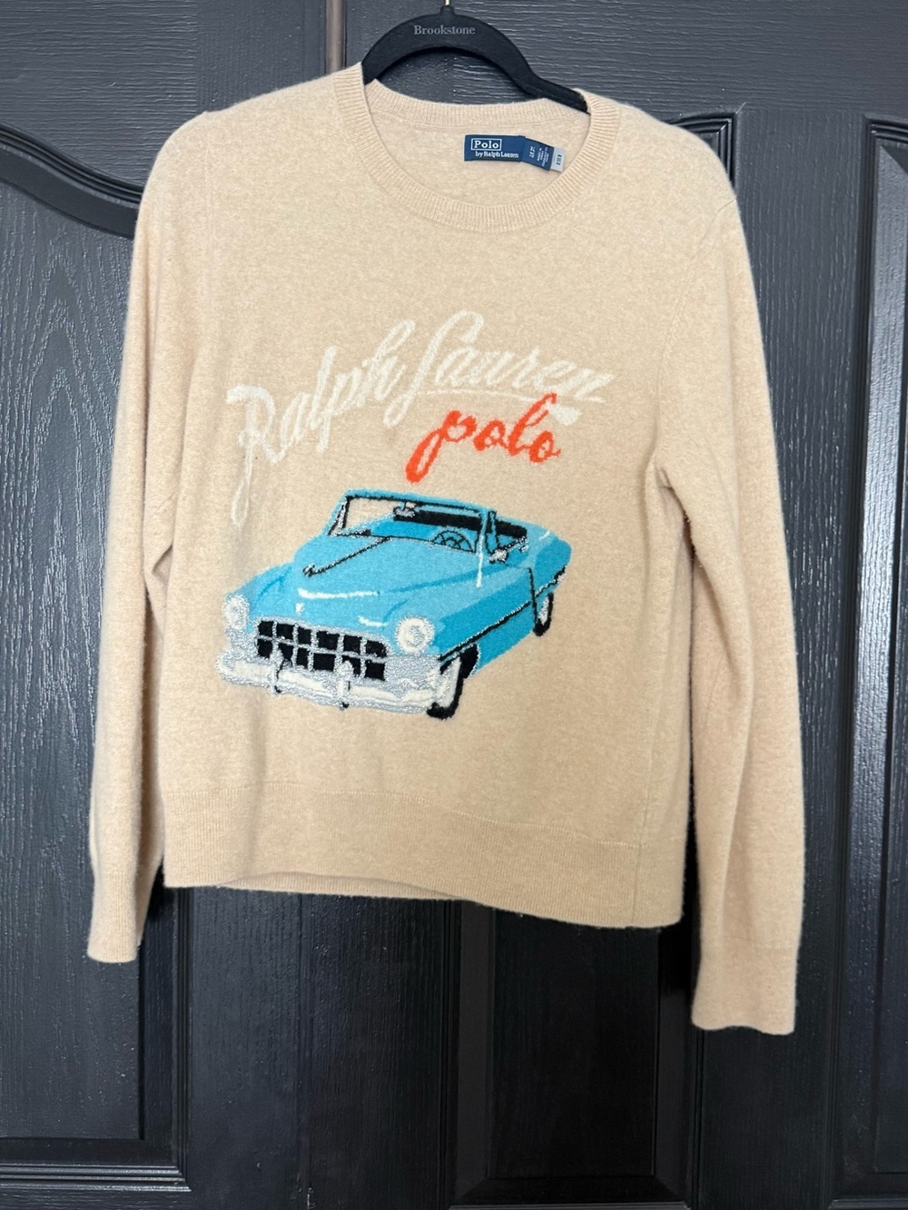Ralph Lauren Beige Crewneck Sweater with Blue Car and Red Script